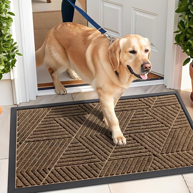 Kitinjoy Front Door Mat Outside Entrance, Sturdy Natural Dirt Trapper, Heavy Duty Rubber Doormat, Low Profile Non-Slip Backing, Easy Clean Floor Mat for Indoor Outdoor Entry, 29.5X17 Inch, Brown