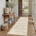 2x8 Beige Washable Runner Rug for Kitchen Hallway Neutral Soft Non Slip Rug Low Pile Vintage Distressed Carpet for Bathroom Bedroom Indoor Nursery