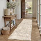 2x6 Beige Washable Runner Rug for Kitchen Hallway Neutral Soft Non Slip Rug Low Pile Vintage Distressed Carpet for Bathroom Bedroom Indoor Nursery