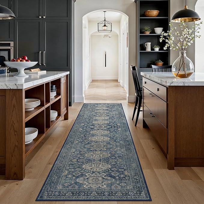 Bavni Washable Runner Rug 2’6”x10’, Non Slip Long Hallway Runner, Vintage Aesthetic Ultra Thin Low Pile Washable Carpet for Kitchen Bedroom, Blue