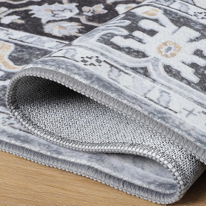 8x10 Large Area Rugs for Living Room, Washable Vintage Rugs-Low Pile Carpet, Non-Slip Soft Distressed Printed Patterns Rugs for Bedroom, Dining Room, Black