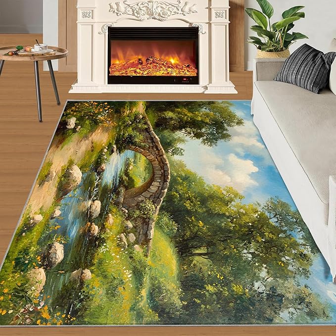 Forest Rugs for Bedroom - 3x4 Area Rug - Stone Bridge Stream Rugs for Living Room, Retro Country Style Rug, Non-Slip Washable Home Decor Carpet