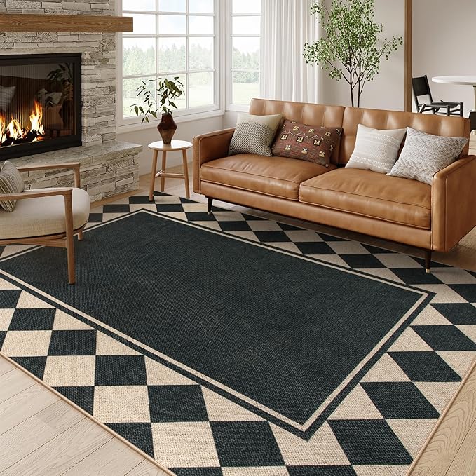 Moynesa Easy Jute Outdoor Rug 8x10 Area Rugs for Living Room, Washable Checkered Indoor Outdoor Patio Rug Non Slip, Farmhouse Carpet for Bedroom Dining Room Table, Black Grid Pattern