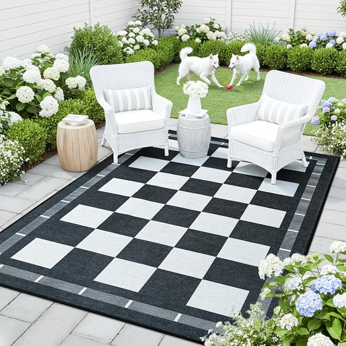 Vasofe Checkered Jute 5x7 Area Rugs, Washable Outdoor Patio Rug for Living Room Indoor Carpet, Non-Slip Farmhouse Geometric Non Slip Carpet for Backyard Dining Room Bedroom, Black and White