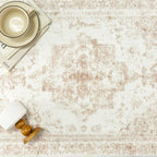 Area Rug 4x6 Cream Washable Office Entryway Vintage Medallion Beige Carpet Non Slip Retro Indoor Mat Low Pile Soft Distressed Small Rug for Bedroom Kitchen Laundry Dining Room
