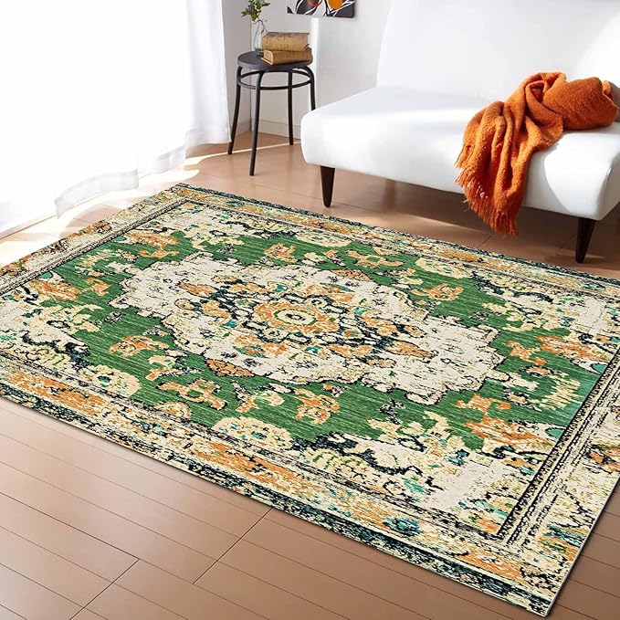 Bohemian Pattern Rectangular Area Rugs for Living Room Bedroom 2.8 x 5 ft Green & Orange Abstract Non-Shedding Soft Low Pile Rug Non Slip Washable Rug for Nursery Entryway Playroom