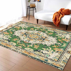 Bohemian Pattern Rectangular Area Rugs for Living Room Bedroom 5 x 6.9 ft Green & Orange Abstract Non-Shedding Soft Low Pile Rug Non Slip Washable Rug for Nursery Entryway Playroom