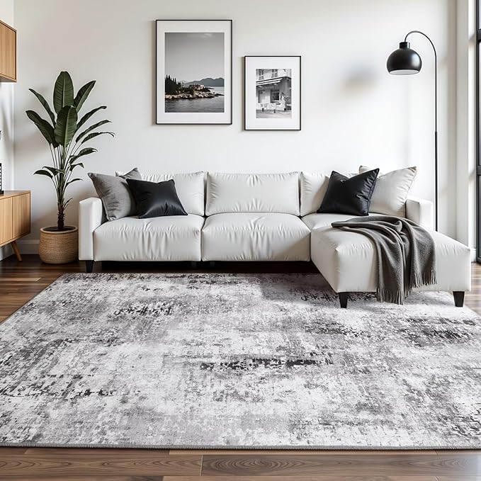 Washable Abstract Rug, 5x7 Modern Area Rugs with Non-Slip Rubber Backed for Living Room, Thin but Soft Contemporary Carpet Kitchen Bedroom Dining Room Decor, Dark Grey