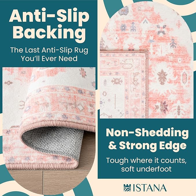 Istana Hallway Runner Rug 2x6 - Pink Kitchen Rugs Non Slip Washable -Silk's Soft Touch Carpet Runner - Stylish Rug Runner for Home