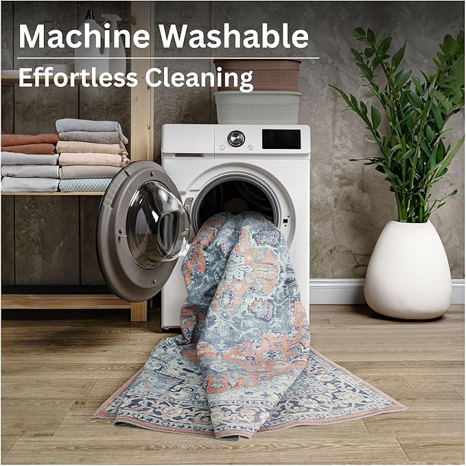 Bloom Rugs Washable Non-Slip 6' x 9' Rug - Coral/Blue Traditional Medallion Area Rug for Living Room, Bedroom, Dining Room, and Kitchen - Exact Size: 6' x 9'