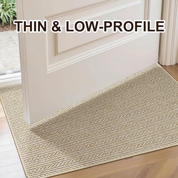 Ultra Thin Door Mat Indoor Entrance 24"x36", Low-Profile Indoor Door Mat, Non Slip Entry Mat Rubber Backing Unique Herringbone Design Inside Doormat Dirt Trapper Entryway Mats, Beige