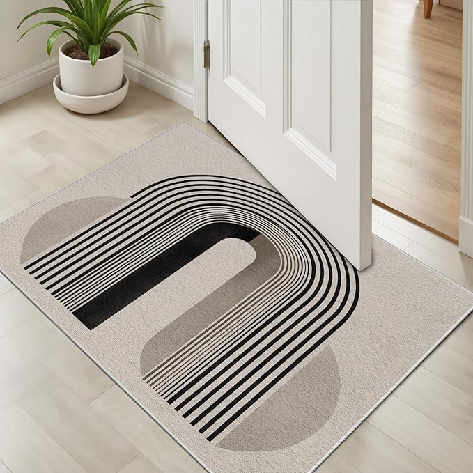 Modern Washable Rug for Living Room 5x6, Boho Abstract Striped Area Rugs, Soft Non Slip Low Pile Farmhouse Carpet for Bedroom Dining Room Kitchen, Stain Resistant, Pet Friendly, Beige Black