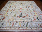 Goose Gray Afghan Angora Oushak with All Over Colorful Pattern Vegetable Dyes Organic Wool Hand Knotted Square Oriental Rug (11'9"x11'9")