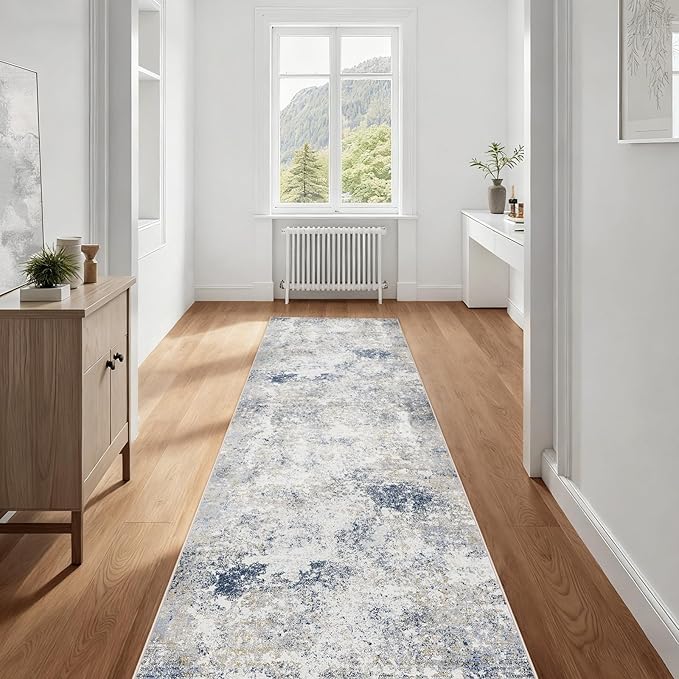 2.6'x8' Hallway Runner Washable Rug - Modern Abstract Rug Runners for Hallways Non-Slip Low Pile Thin Soft Machine Washable Carpet for Bedroom, Laundry, Kitchen, Indoor Entryway (2.6'x8' Beige Blue)