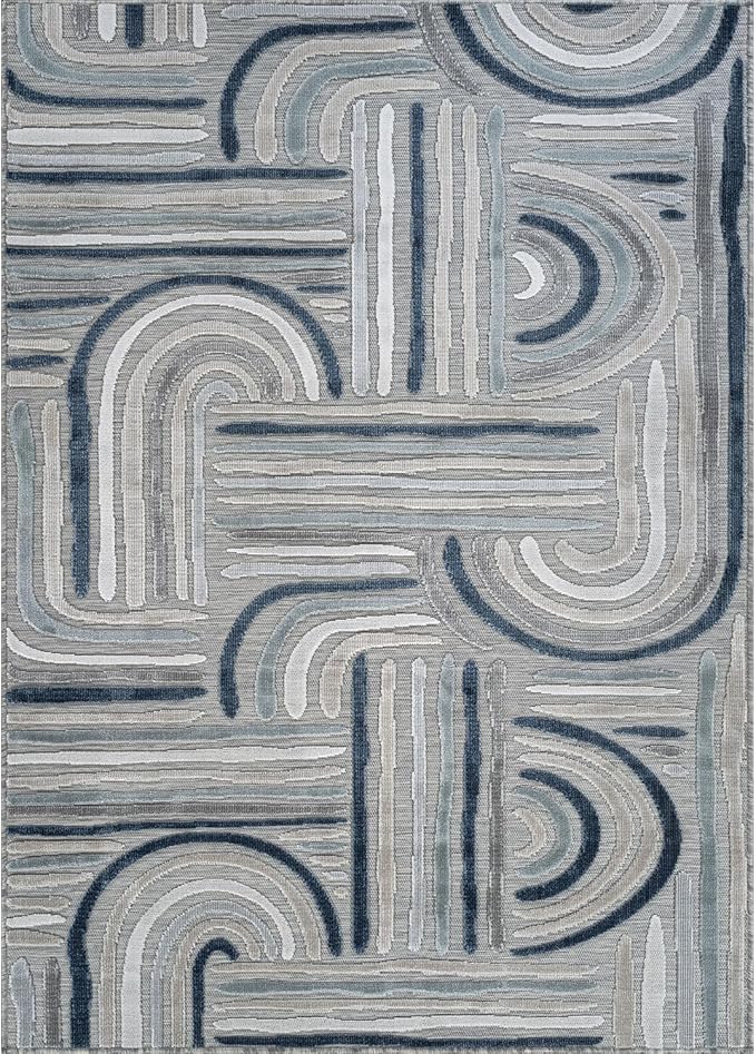 CAMILSON Indoor Outdoor Rug, Blue 6x9 Geometric Arch Striped Area Rugs for Patio and Home Areas, Easy-Cleaning Non-Shedding Living Room, Garden and Deck Washable Outside Carpet (6 x 9)