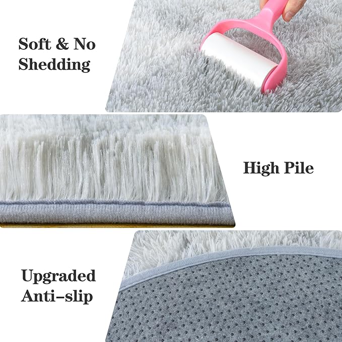 Soft Fluffy Area Rug for Bedroom, Tie-Dye Grey Fuzzy Shaggy Oval Throw Rugs for Bedside, Non-Slip Cozy Plush Shag Carpet for Kids Room Nursery Dorm Living Room, 2.6 x 5.3 Feet