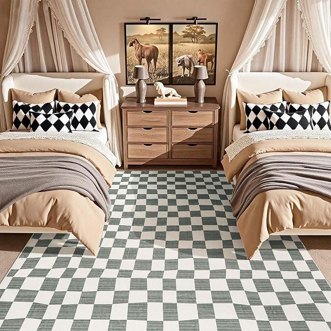 jinchan 6x9 Checkered Area Rugs for Kids Room - Machine Washable Soft Rug Modern Geometric Lattice Non-Slip Carpet for Nursery Playroom Classroom Living Room Bedroom Dining Room Home Office Grey