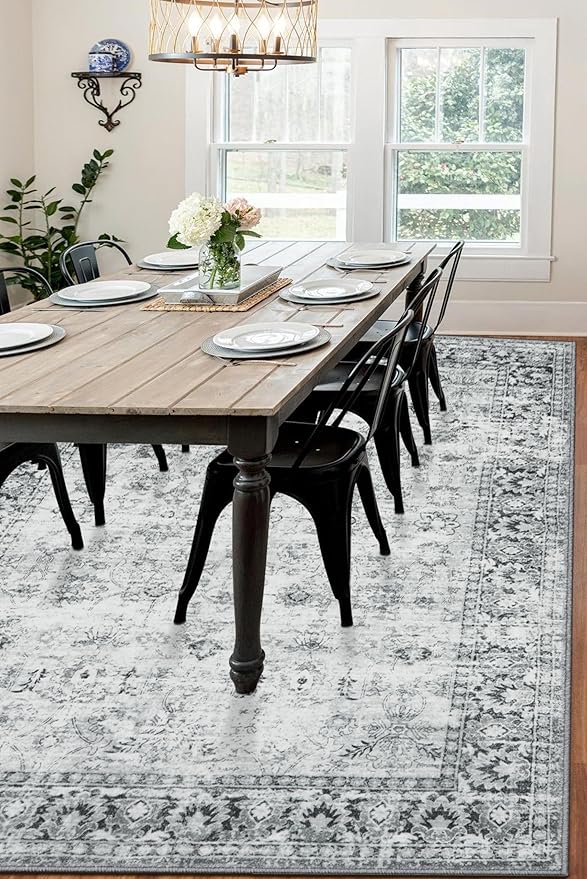 LIVEBOX Washable 9x12 Area Rug for Living Room, Large Grey Neutral Boho Floral, Soft Anti-Skid Thin, Vintage Faux Wool for Office, Bedroom, Dining Room