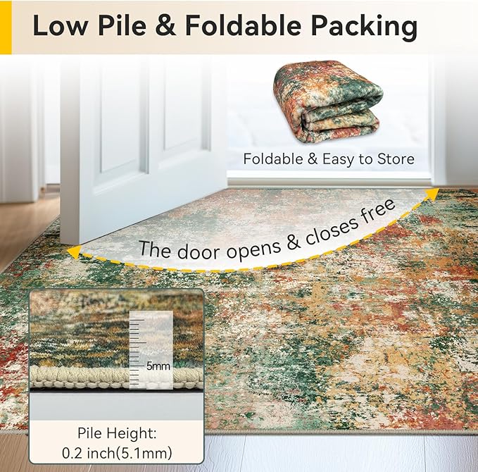 Washable Area Rugs 9'x12' Non-Slip Modern Abstract Soft for Living Room Entryway Bedroom Nursery, Print Pattern, Green Orange Rust Red Cream Colorful