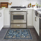 Boho Entryway Rug 2x3 Washable, Navy Floral Kitchen Rug, Super Thin Faux Wool Small Area Rug, Non-Slip Soft Carpet for Foyer, Bedroom, Office