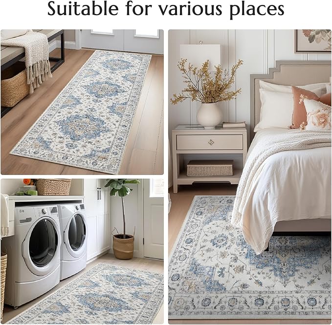 jinchan Area Rug 4x6 Vintage Washable Bedroom Rug Floral Medallion Lightweight Non Slip Thin Retro Classic Soft Boho Floor Cover Farmhouse Carpet for Living Room Dining Room Kitchen Blue