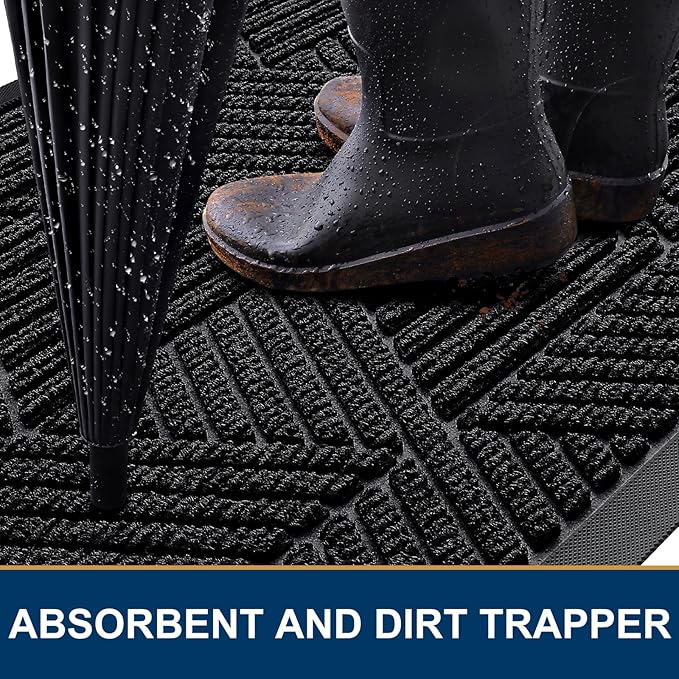 Kitinjoy Front Door Mat Outside Entrance, Sturdy Natural Dirt Trapper, Heavy Duty Rubber Doormat, Low Profile Non-Slip Backing, Easy Clean Floor Mat for Indoor Outdoor Entry, 47X32 Inch, Black