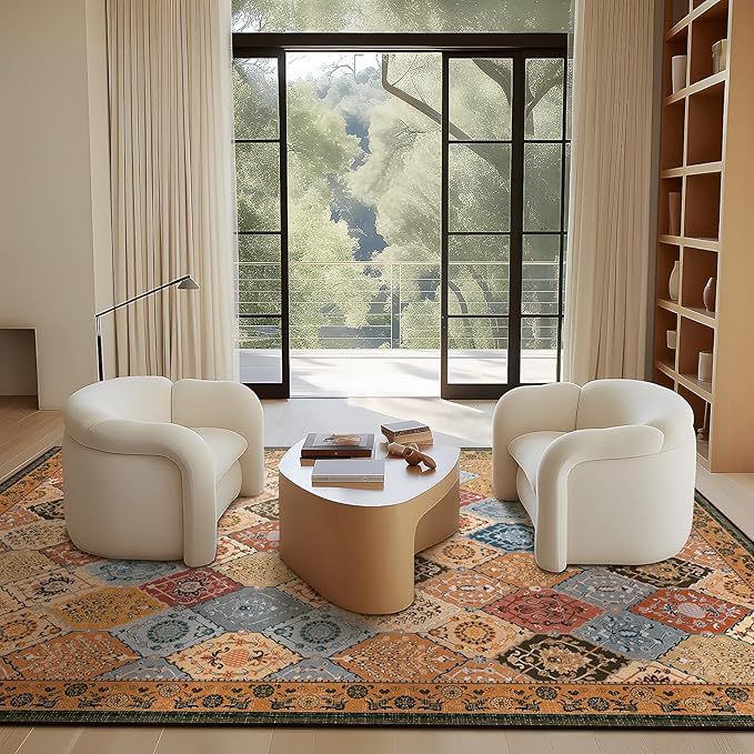 Phantoscope Washable Area Rug 9'x12' Non-Slip, Vintage Boho Rugs for Living Room, Bedroom, Dining Room, Distressed Moroccan Mosaic Diamond Pattern, Low-Pile Foldable Floor Carpet, Terracotta/Rust