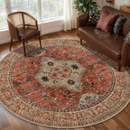 Tangsoo Round Area Rug 6ft,Washable Circle Rug, Vintage Non Slip Boho Round Rug,Low Pile Circular Rugs,Large Round Rugs Carpet for Livingroom,Bedroom,Nursery,Dorm,Office,Terracotta