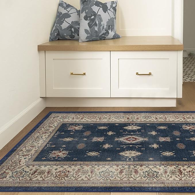 RUGGABLE Washable Vintage Area Rug – Verena Sapphire 4x6, Stain-Resistant, Non-Slip – Medium Machine Washable Rugs for Living Room, Bedroom, Hallway, Entryway & Office–with Cushioned Pad