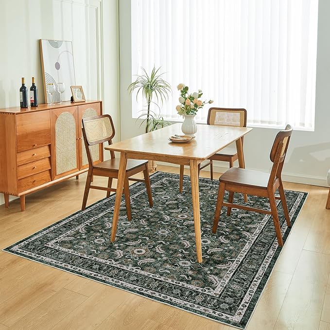 WITSHOCK Living Room Area Rugs 5x7: Soft Non-Slip Backing Washable Rugs Vintage Large Carpet for Bedroom Office Dining Room Kitchen Stain Resistant Home Decor Rug, Dark Green