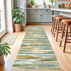 Modern Abstract Runner Rug 2.6x10, Green Mustard Multi Washable Long Kitchen Runner Non-Slip Soft Hallway Rug Runner Thin Print Faux Wool Carpet for Entryway Bedroom Laundry Room Indoor