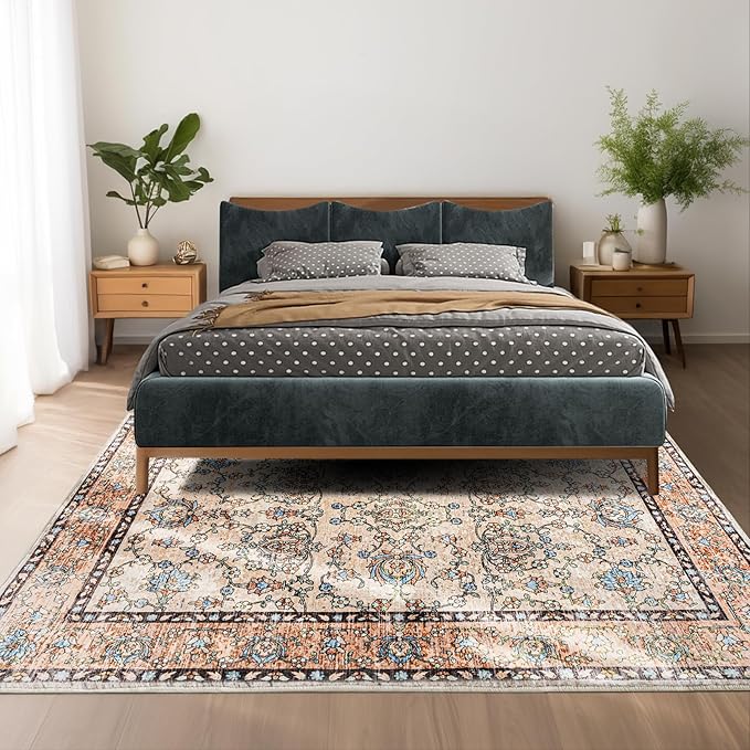 4x6 Washable Area Rug – Ivory and Beige Vintage Carpet with Charcoal Border, Floral Scroll&Geometric Lattice Pattern, Boho Non-Slip Indoor Mat for Living Room, Bedroom, Dining Room, Entryway