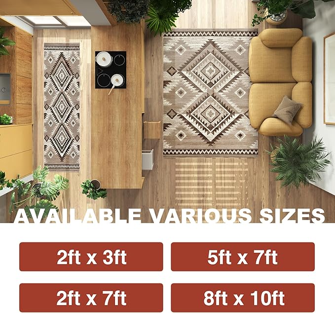 YHSF South West Native American Rug Ritz – Native Tribal American Indian Inspired Rug - Living Room, Bedroom, Hallway, Entryway & High-Traffic Area Rugs - Washable - Soft - Mocha, 2 Feet x 7 Feet