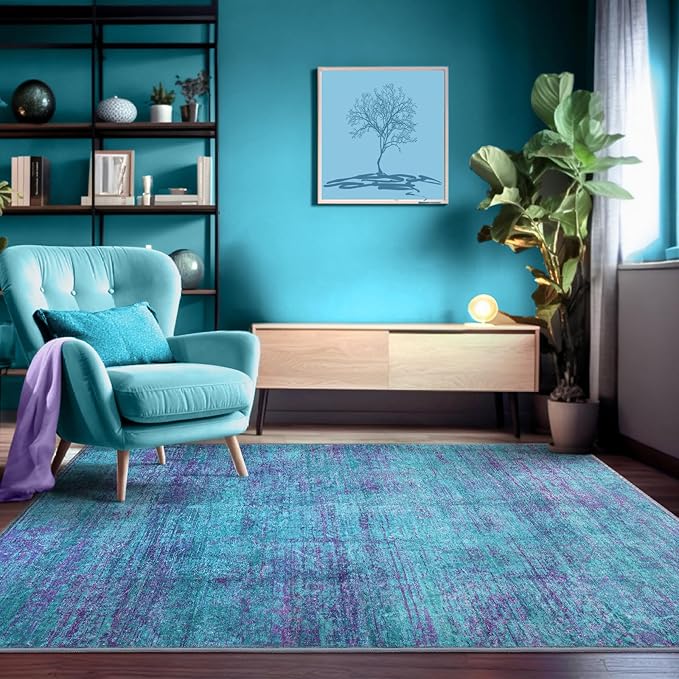 Abstract 6x9 Area Rug, Modern Teal Purple Throw Rugs for Living Room, Washable Soft Large Non-Slip Accent Carpet Floor Mat for Dining Room Office Bedroom - Teal+Purple