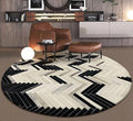 Round Cowhide Faux Leather Area Rug 9×9 ft – Black & White Modern Chevron Pattern Low Pile Carpet with Non-Slip Wool Backing, Soft Durable Living Room & Bedroom Accent Rug