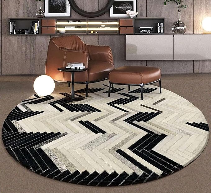 Round Cowhide Faux Leather Area Rug 4×4 ft – Black & White Modern Chevron Pattern Low Pile Carpet with Non-Slip Wool Backing, Soft Durable Living Room & Bedroom Accent Rug