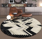 Round Cowhide Faux Leather Area Rug 7×7 ft – Black & White Modern Chevron Pattern Low Pile Carpet with Non-Slip Wool Backing, Soft Durable Living Room & Bedroom Accent Rug