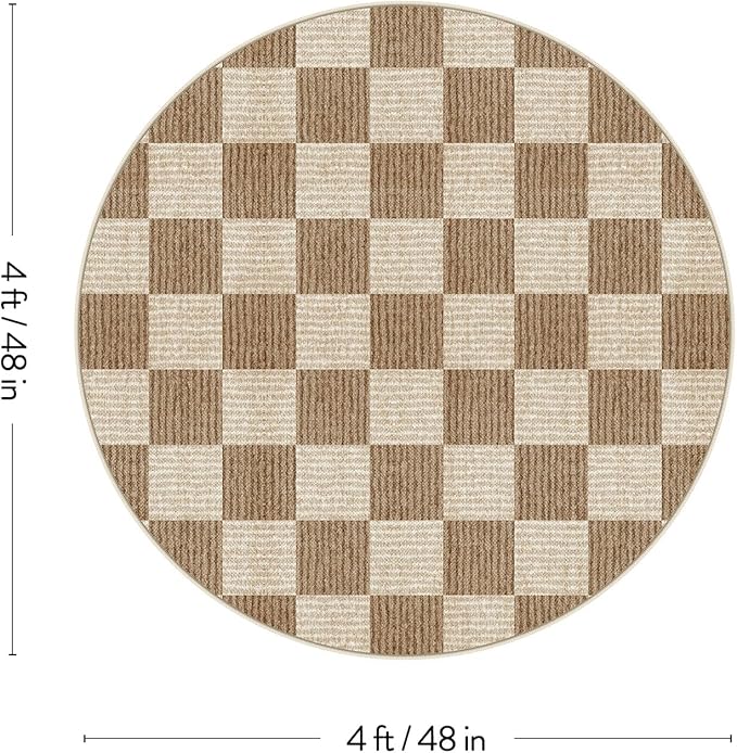 LIVEBOX Checkered Round Rug 4 Ft Washable Area Rug for Playroom, Kids Non-Slip Neutral Classic Circle Rug Geometric Large Carpet Soft Boys Rug for Classroom Dorm Bedroom(Brown,120R)