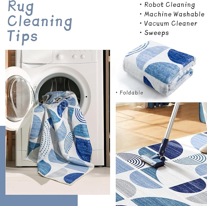 MUJOO Washable Rug 8x10 Blue,Large Area Rugs for Living Room Bedroom Dining Room,Boho Throw Floor Carpet Non Slip Soft Modern Abstract Navy Blue