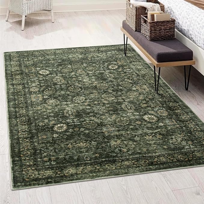 Morebes Washable Green Area Rugs 4x6, Vintage Boho Rugs for Bedroom, Soft Distressed Indoor Floor Non-Slip Non-Shedding Living Room Throw Carpet for Kitchen Dining Playroom Entryway Christmas Decor