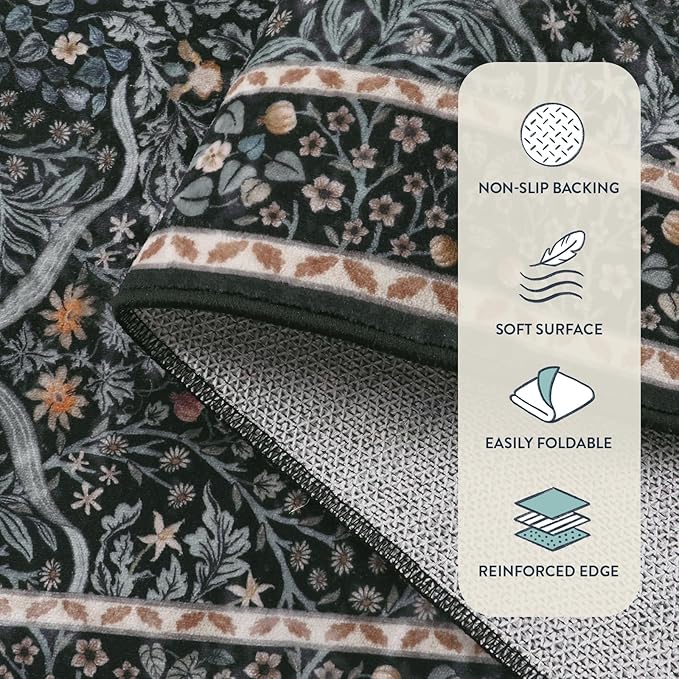 Lahome Floral Area Rugs 5x7, Soft Washable Rugs for Living Room Bedroom, Boho Non Slip Low Pile Forest Design Large Throw Carpet for Farmhouse Dining Room Office, Black
