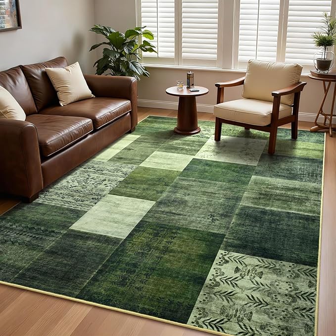 DweIke Washable Area Rugs for Living Room, 6x9 Large Bedroom Rugs, Geometric Print Non Slip Low Pile Indoor Throw Carpets for Bedroom Apartment Dining Room Home Office Hardwood Floor, Green