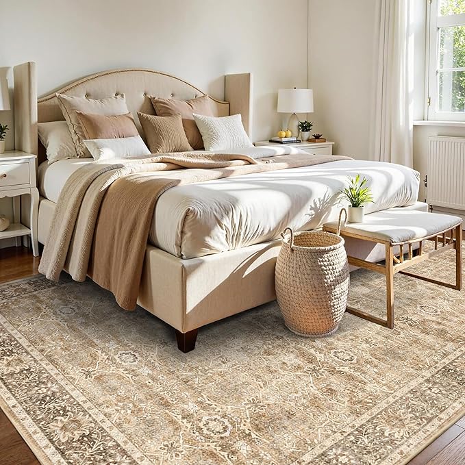 5x7 Beige Washable Rug for Living Room Large Vintage Distressed Bedroom Rug Low Pile Non-Slip Soft Boho Carpets for Bedroom Dining Room Home Office Indoor Nursery