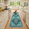 Area Rugs 2'6''x8' Washable Non-Slip, Floral Vintage Distress Print Pattern Medallion Carpet for Living Room Bedroom Dining Room, Teal Green Lake Blue Turquoise