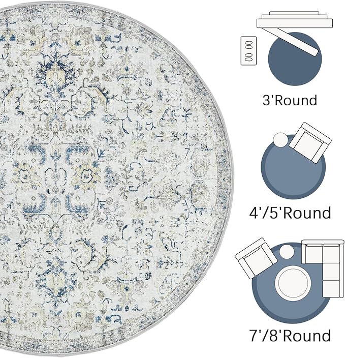 jinchan Kalen Round Rug 7ft Area Rug Washable Vintage Indoor Retro Floor Cover Distressed Floral 7' Round Circle Boho Non Slip Thin Carpet for Living Room Dining Room Bedroom Kitchen Blue