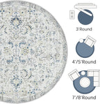 jinchan Kalen Round Rug 4ft Area Rug Entryway Washable Vintage Indoor Retro Floor Cover Distressed Floral 4' Round Circle Boho Non Slip Thin Carpet for Kitchen Bedroom Living Room Dining Room Blue
