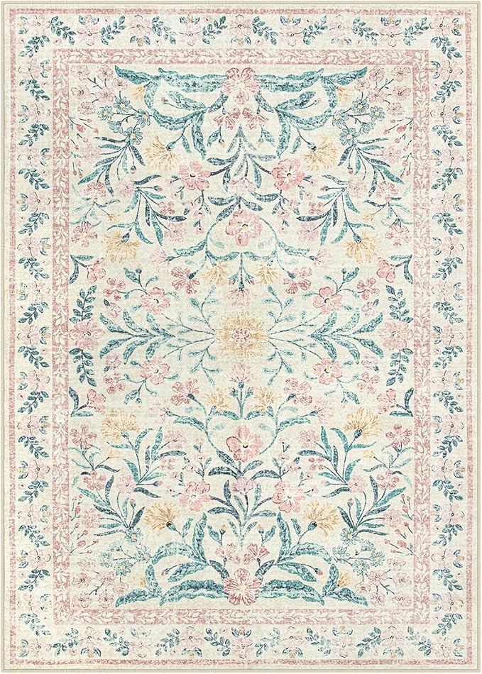 Morebes Floral Pink Rugs for Bedroom Girls, Washable 5x7 Large Area Rug for Living Room Non Slip, Vintage Low-Pile Indoor Floor Boho Flower Carpet for Kids Nursery Playroom, Light Pink&Green