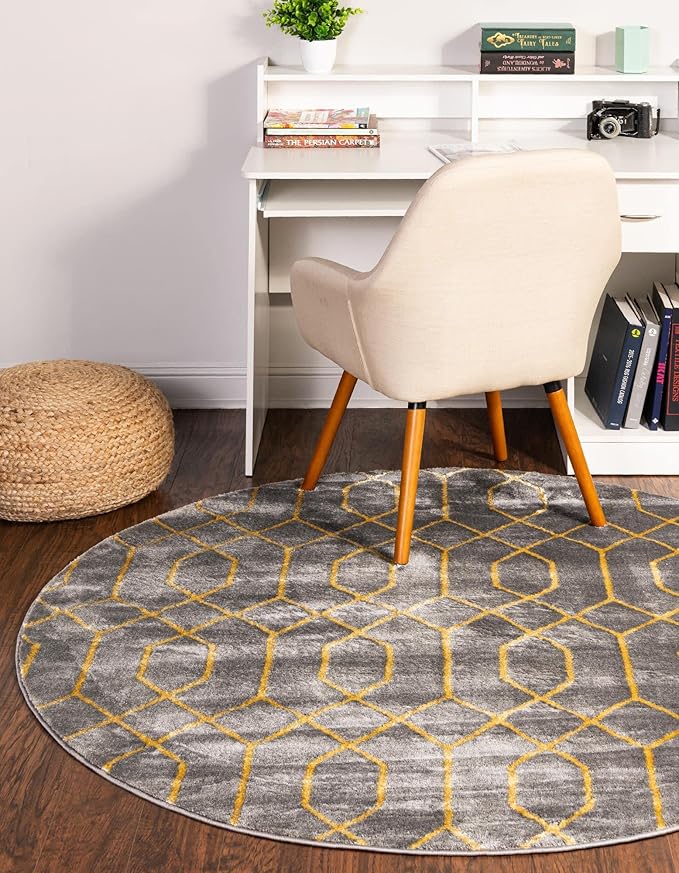 Unique Loom Glam Collection Area Rug - Trellis (5' 3" Round, Gray Gold/ Gold)