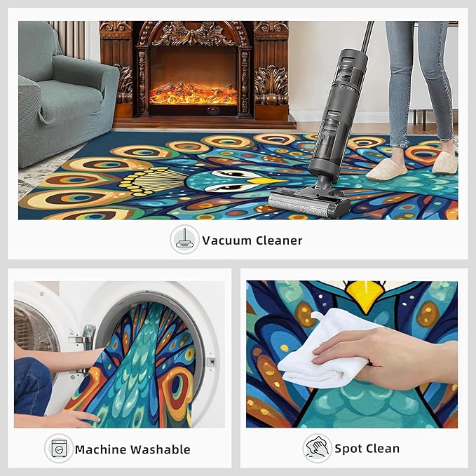 Boho Peacock Rugs for Living Room - 2x3 Rug, Peacock Decor Area Rugs for Bedroom, Teal Turquoise Rug, Modern Style Washable Carpet, Aesthetics Carpet - Peafowl Home Decor & Gifts