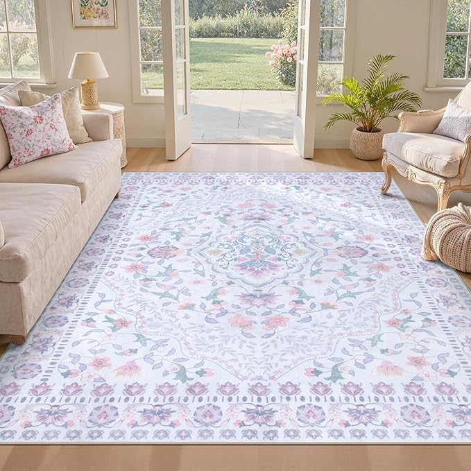 Wonnitar Floral Purple Rug for Bedroom, 8x10 Washable Rugs for Nursery Girls, Boho Low Pile Soft Non Slip Carpet for Dorm Living Room Playroom Home Decor, Pale Purple